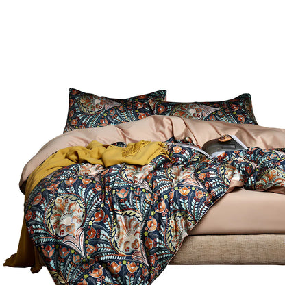 Four-piece cotton bedding set with floral pattern showing fitted sheet, duvet cover, and two pillowcases