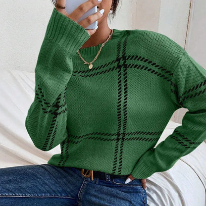 Women's loose-fit plaid colour-block acrylic sweater with apricot, black, beige stripes.