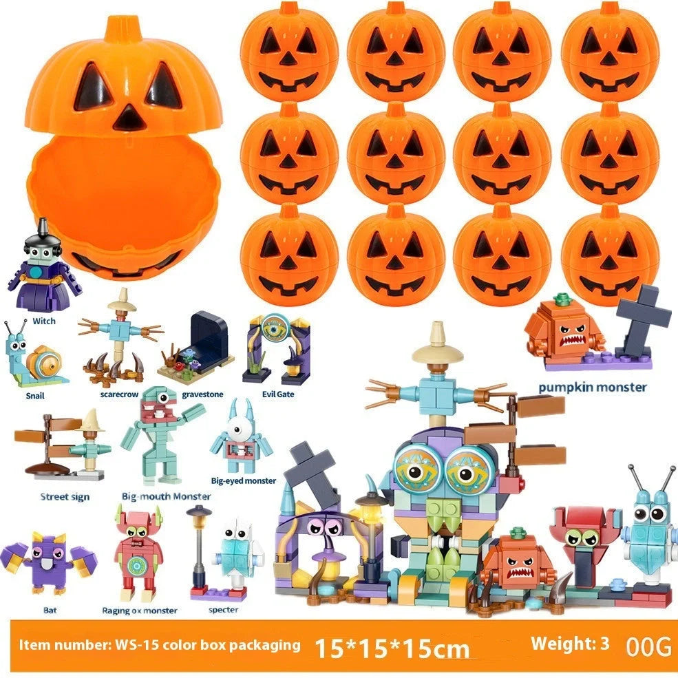 Halloween building blocks set showing six themed designs including handbag and lollipop shapes in colour box packaging