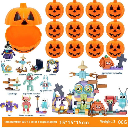 Halloween building blocks set showing six themed designs including handbag and lollipop shapes in colour box packaging