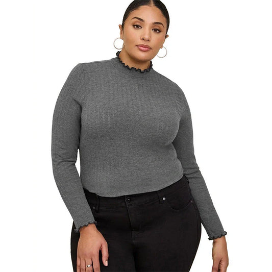 Women's half-high collar long sleeves t-shirt in rib sunken stripe fabric, available in multiple colors