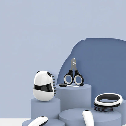 Panda model cat grooming set with 7 tools including combs and nail care implements