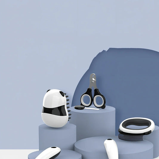 Panda model cat grooming set with 7 tools including combs and nail care implements