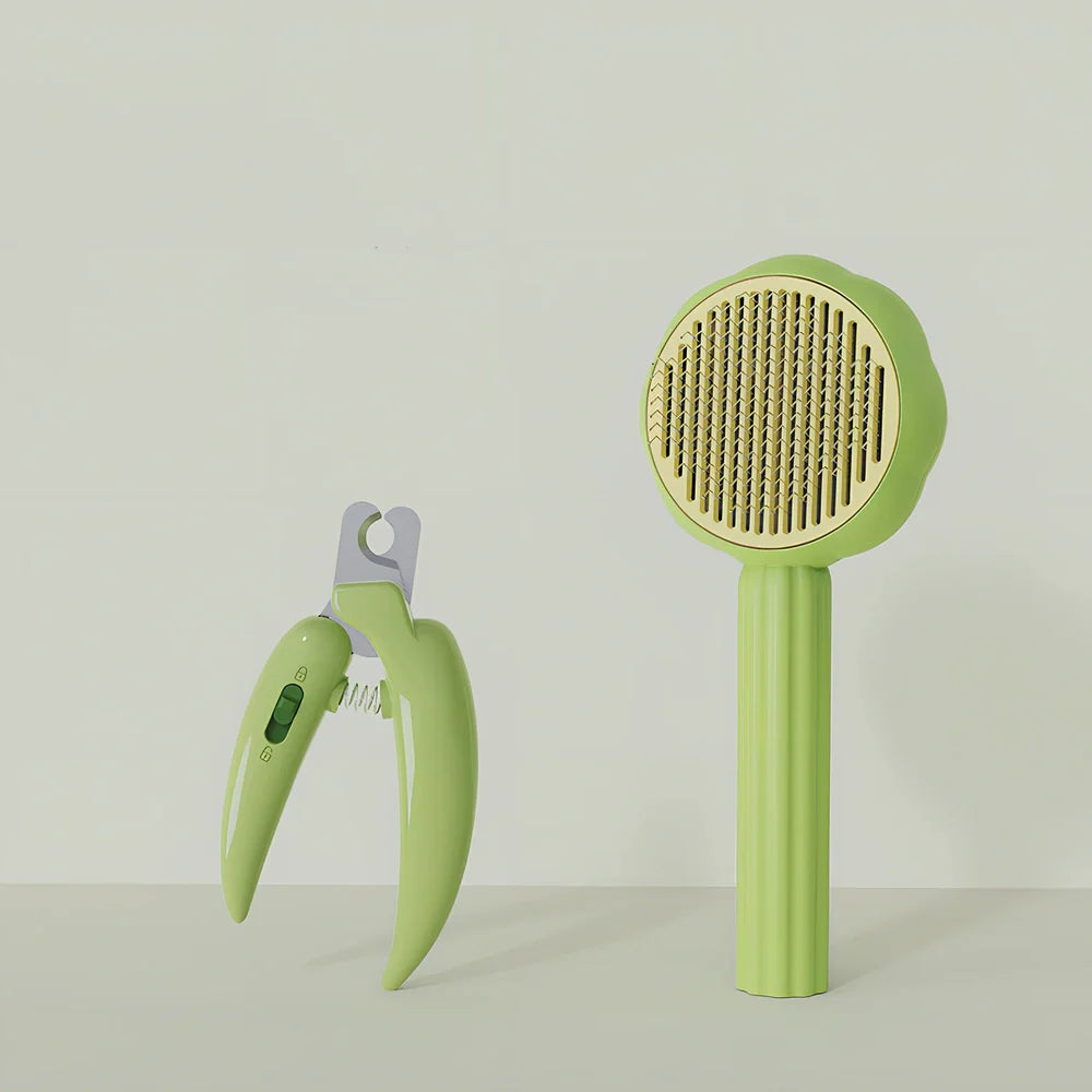 Sunflower design pet comb with stainless steel needles and one-click hair removal button