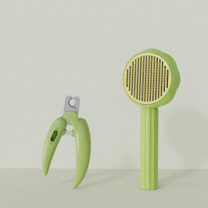 Sunflower design pet comb with stainless steel needles and one-click hair removal button