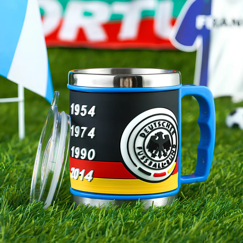 World Cup football mug in team colours with 7.6cm diameter and rubber-metal construction