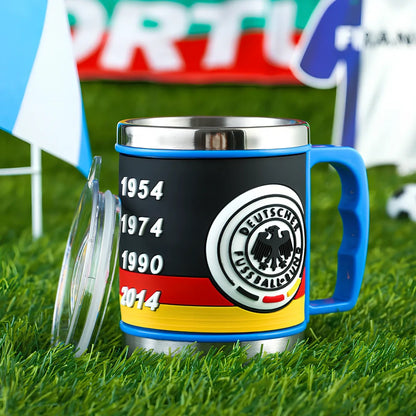 World Cup football mug in team colours with 7.6cm diameter and rubber-metal construction