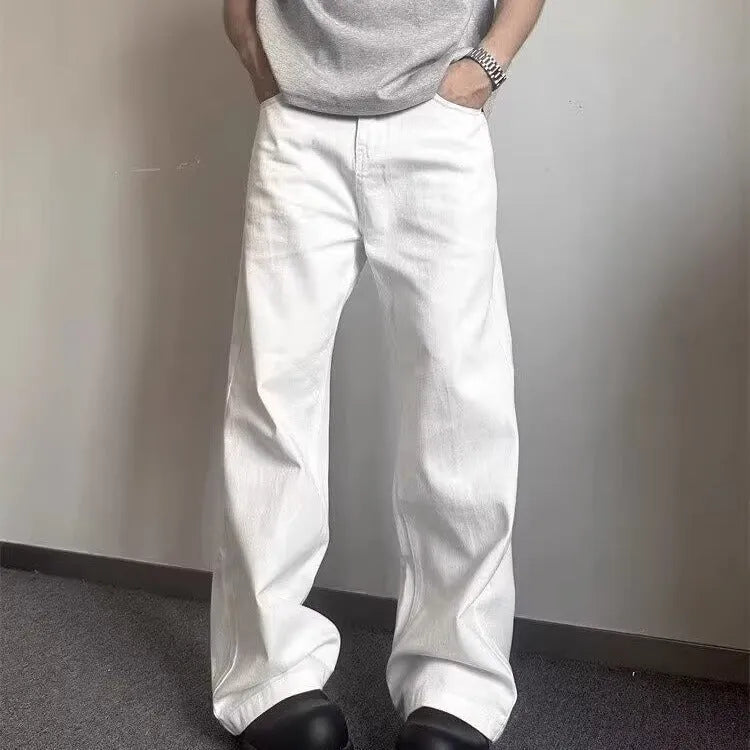 Men's straight-leg white jeans with mid-waist design and non-ironing cotton denim fabric