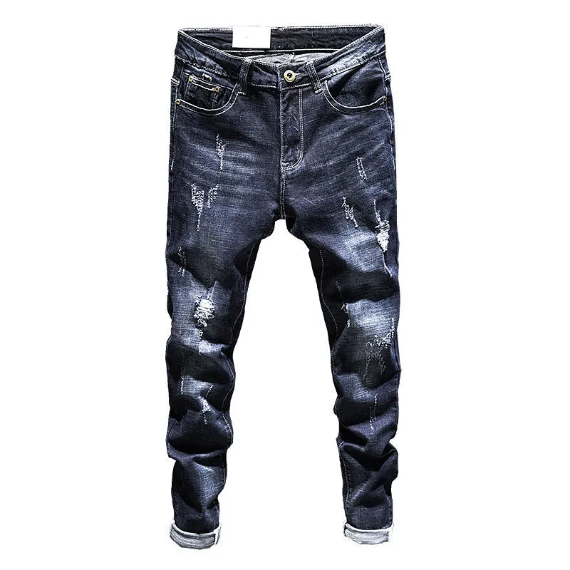 Men's slim-fitting dark blue denim jeans with micro-elasticity, mid-waist design, and standard trousers length on hanger