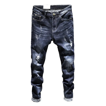 Men's slim-fitting dark blue denim jeans with micro-elasticity, mid-waist design, and standard trousers length on hanger