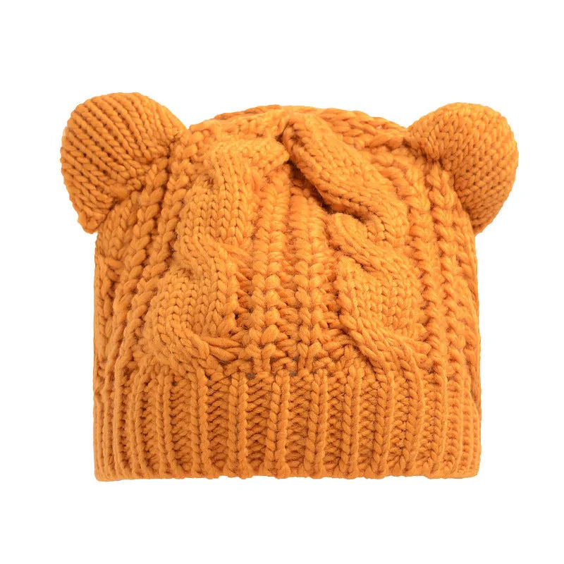 Handmade 3D cat ear knitted beanie in multiple colours showing 25cm width and 22cm height dimensions