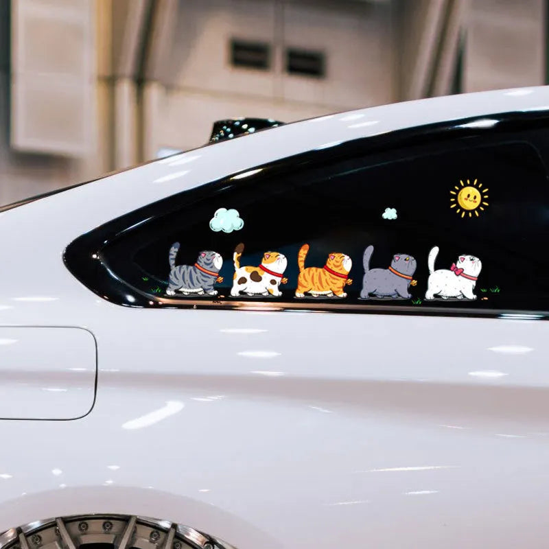 Climbing cats car sticker showing five cats walking design on vehicle surface