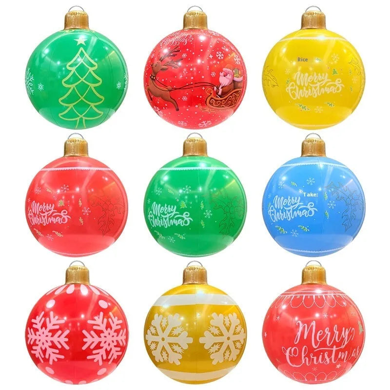 63cm red snowflake inflatable Christmas ball with flashing LED lights hanging in garden