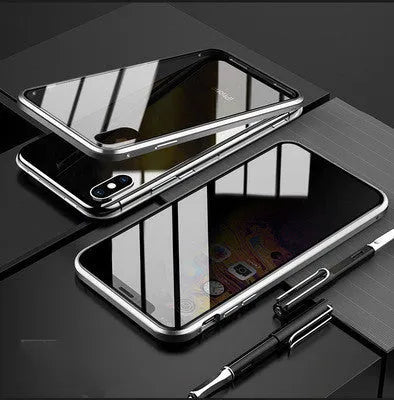 Anti-peep double-sided magneto flip case for iPhone with metal frame and tempered glass.