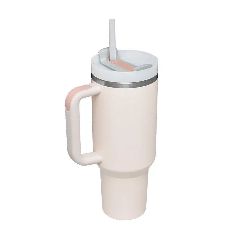40 oz stainless steel insulated tumbler with handle and straw in tapered mug design