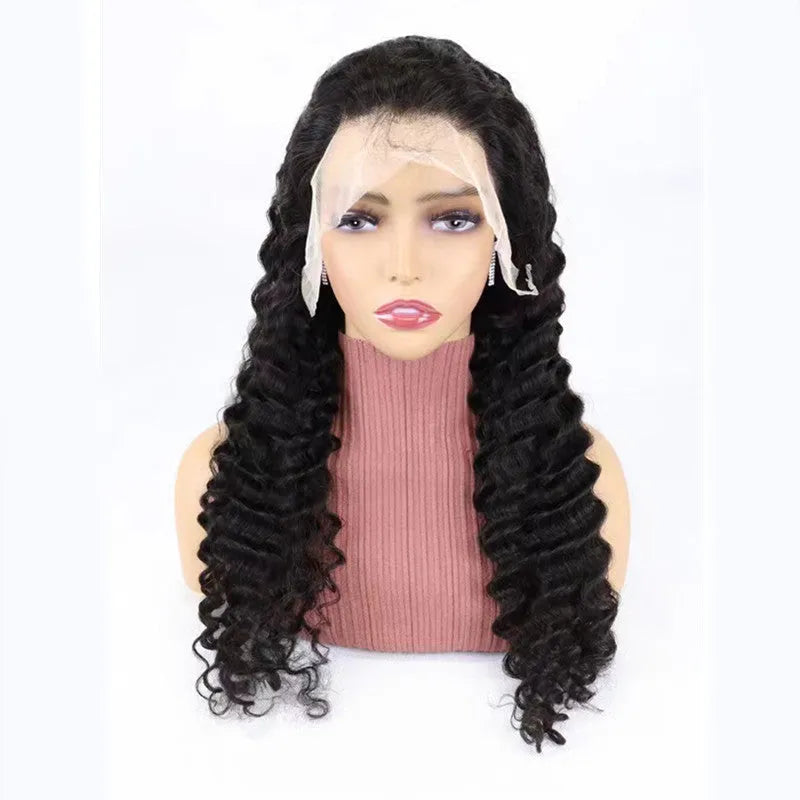 Solid colour human hair half lace wig shown in long length, demonstrating natural fall and lace front.