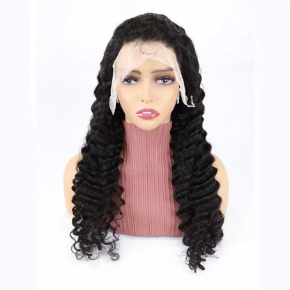 Solid colour human hair half lace wig shown in long length, demonstrating natural fall and lace front.