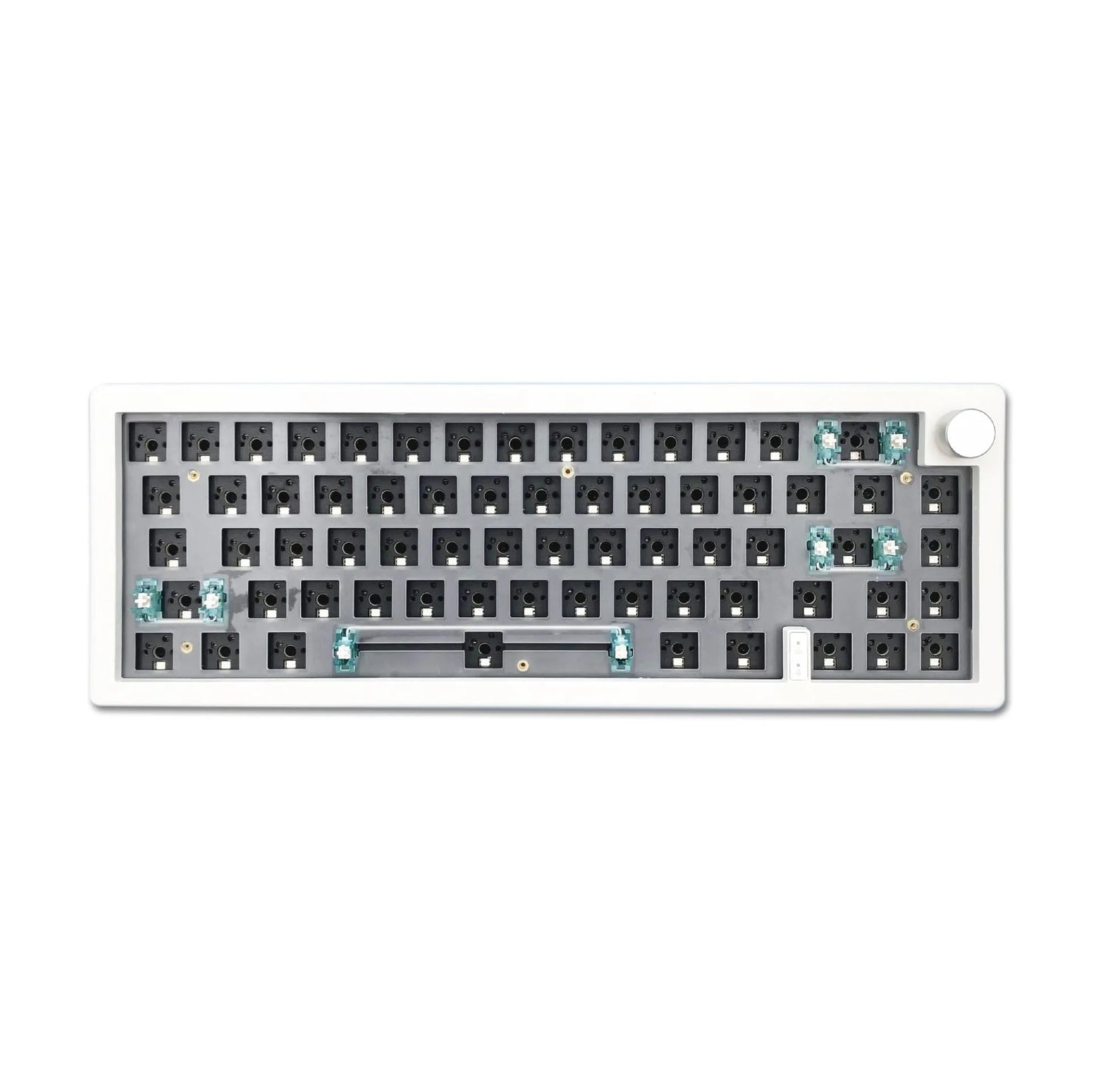 Customisable DIY mechanical keyboard kit with RGB backlighting and control knob, shown in multiple colour options