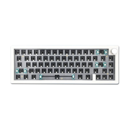 Customisable DIY mechanical keyboard kit with RGB backlighting and control knob, shown in multiple colour options
