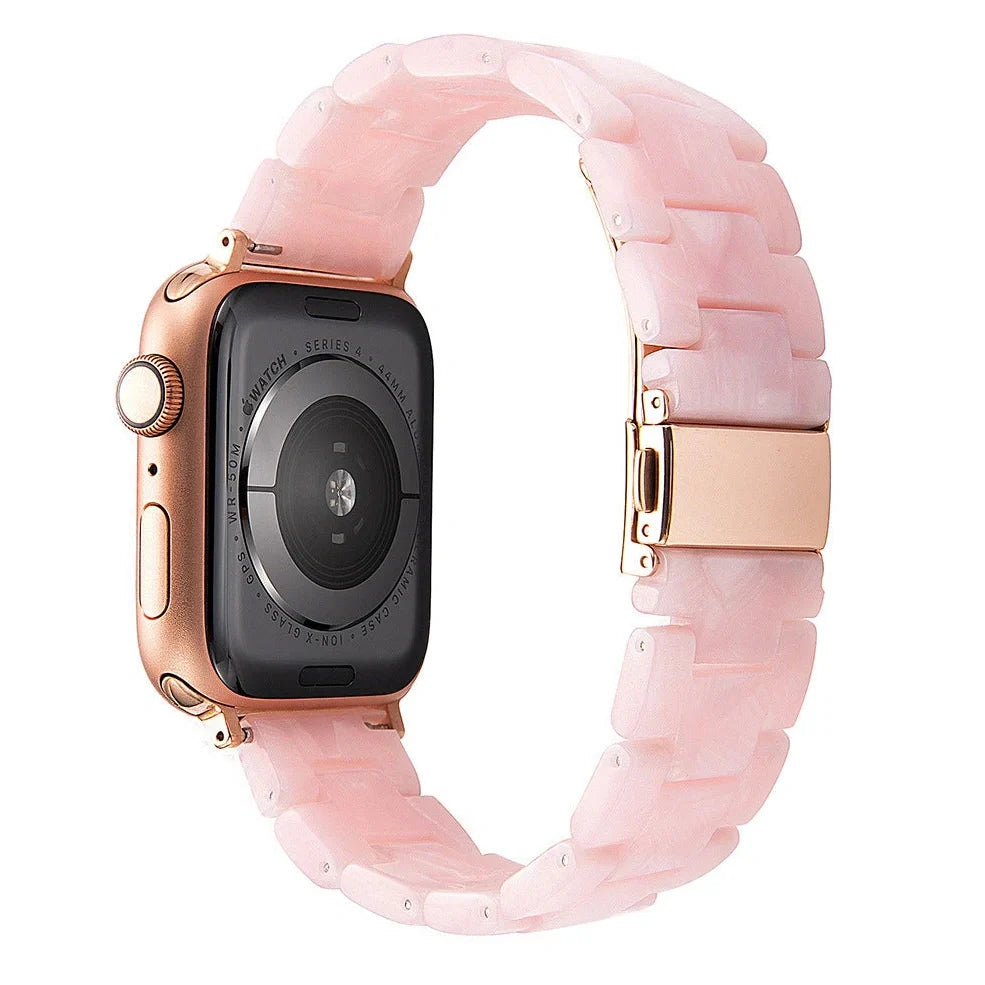 Slim resin Apple Watch strap showing attachment mechanism and colour options
