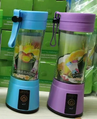 Portable USB rechargeable blender with pink colour option showing cup and six-blade design