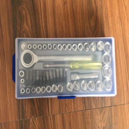 50-piece hexagonal spanner and socket set with 3/8-inch handle, metric and British sleeves, carbon steel