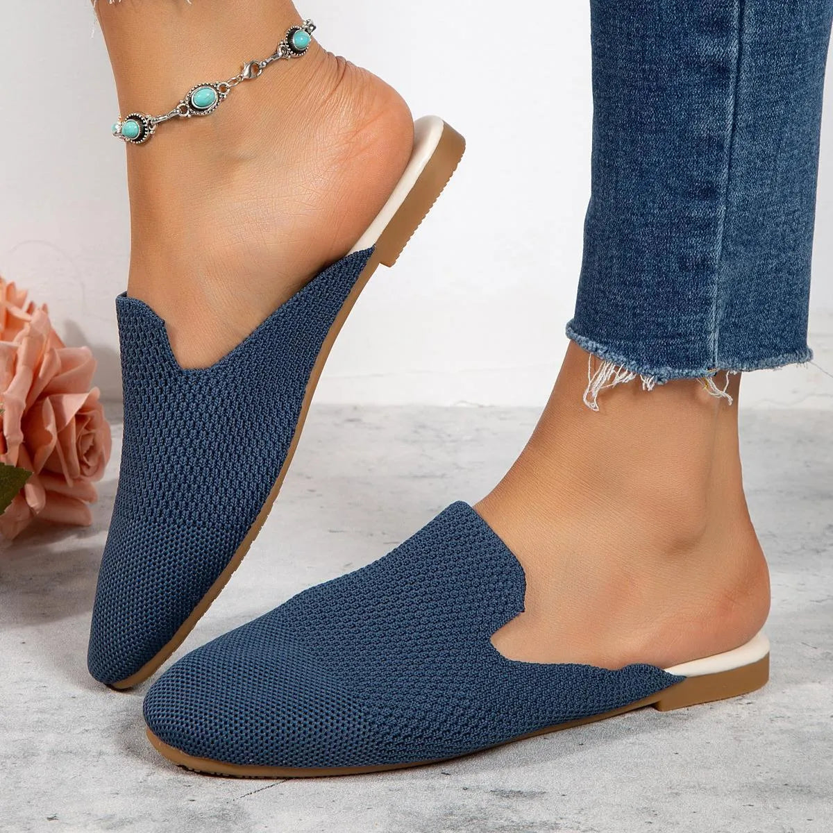 Mesh sandals in apricot with cloth upper and rubber sole, slip-on flat design for casual wear
