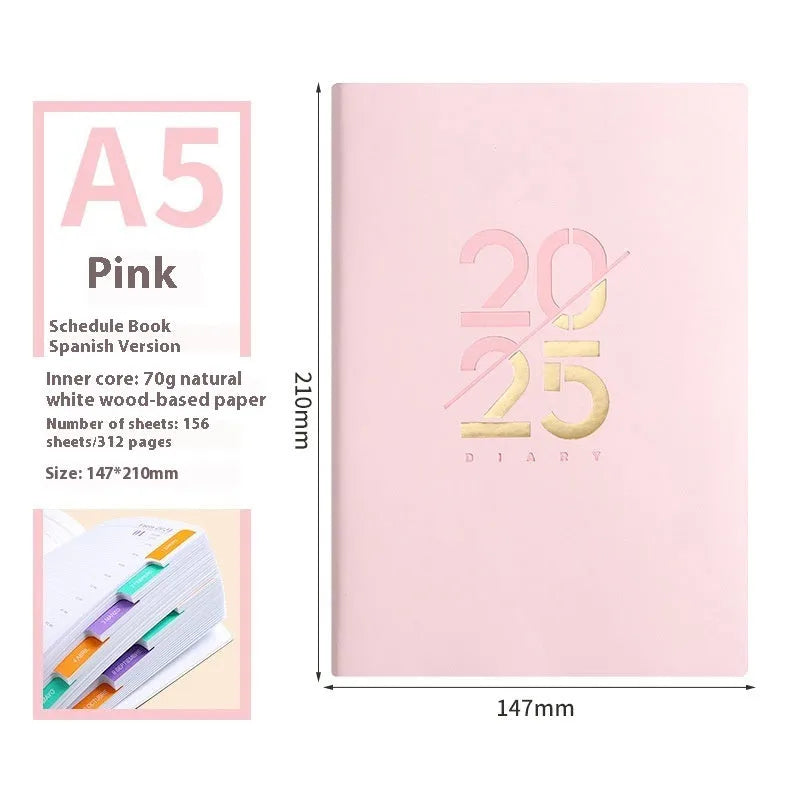 A5 daily planner with faux leather cover in blue, showing open pages and bound spine.