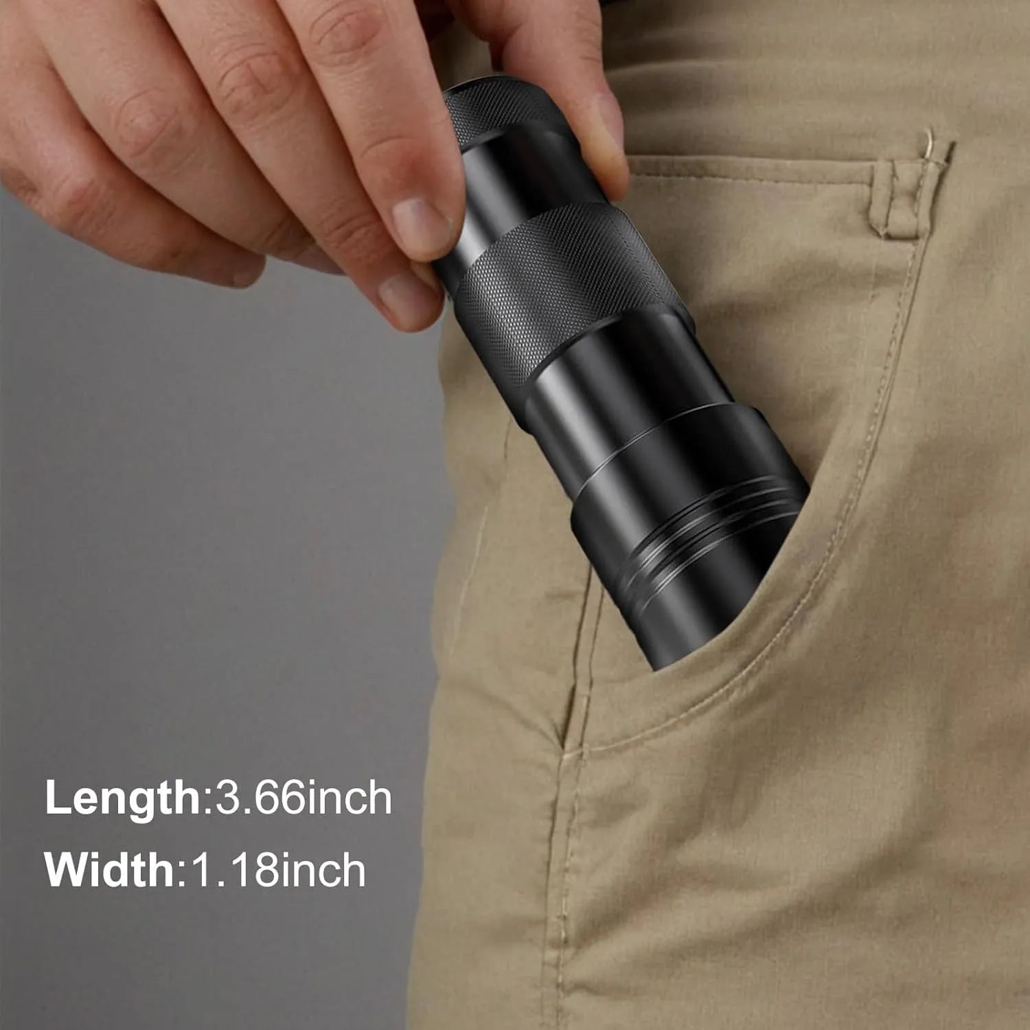 Black and silver handheld UV LED flashlight for detecting stains and insects.