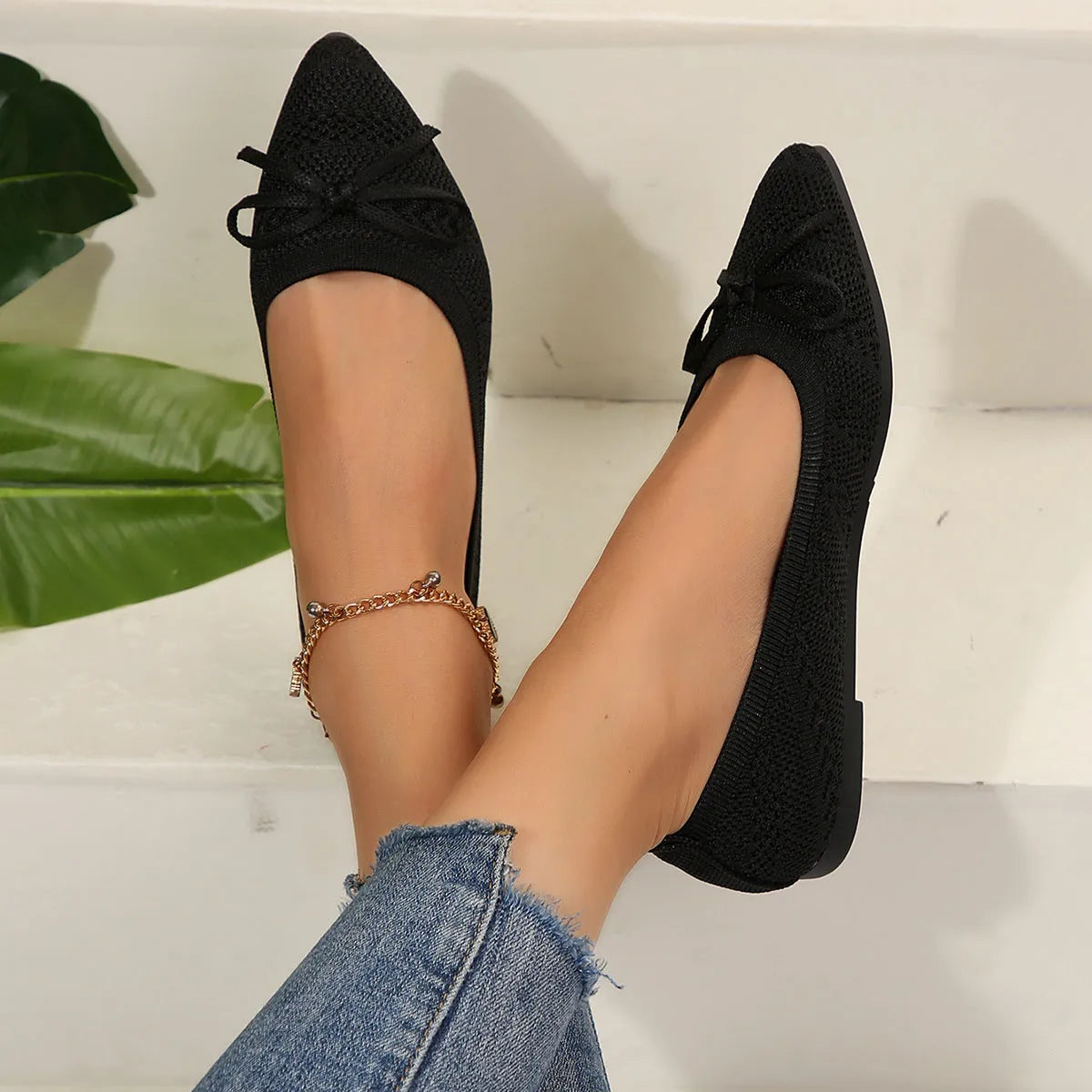 Women's knitted loafers with bow detail and pointed toe in multiple colour options