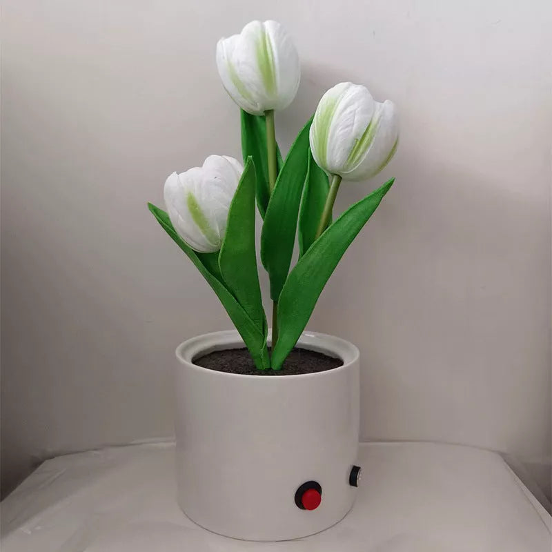 LED Tulip Night Light in ceramic pot with warm glow for home decoration