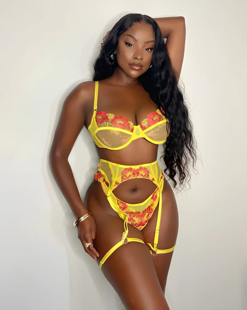 Women's yellow lace lingerie set with floral embroidery, three-piece configuration with coordinated components