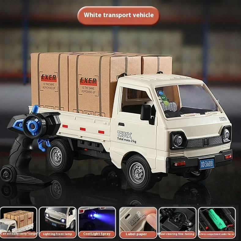 Blue remote control city truck with LED lights illuminated, demonstrating spray sound effect activation during operation