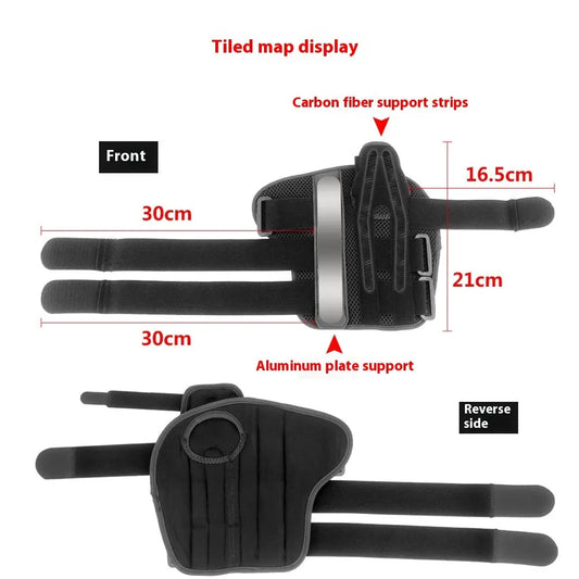 Carbon fibre sports wrist guard with thumb strap in black and grey colour scheme