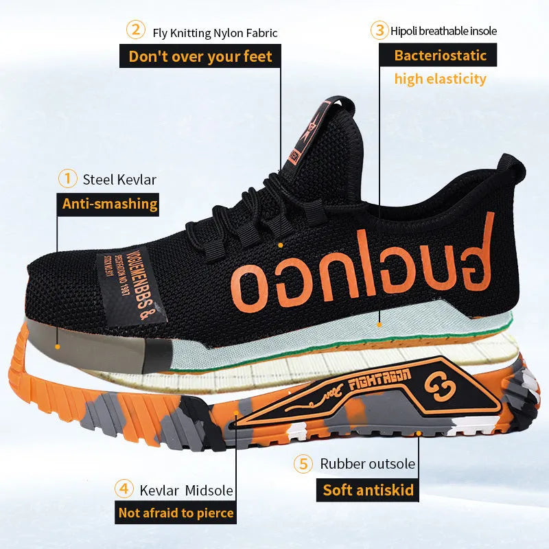 Steel toe work shoes for men with fly woven mesh upper and rubber sole, puncture proof, available in six colours