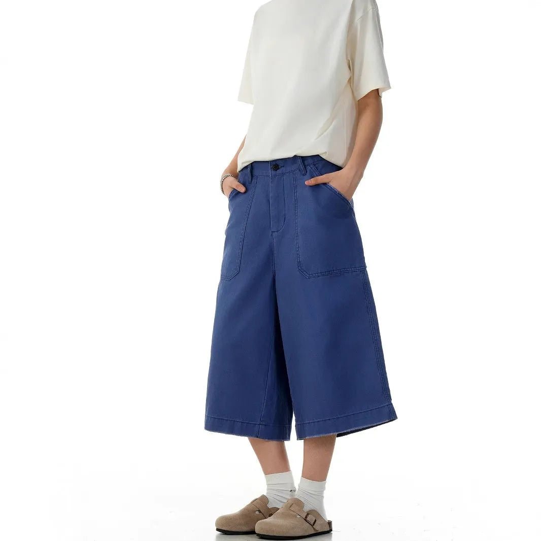 Men's French Blue cotton cropped shorts with straight-leg, loose fit, mid waist and zip fly, sizes S to XXL