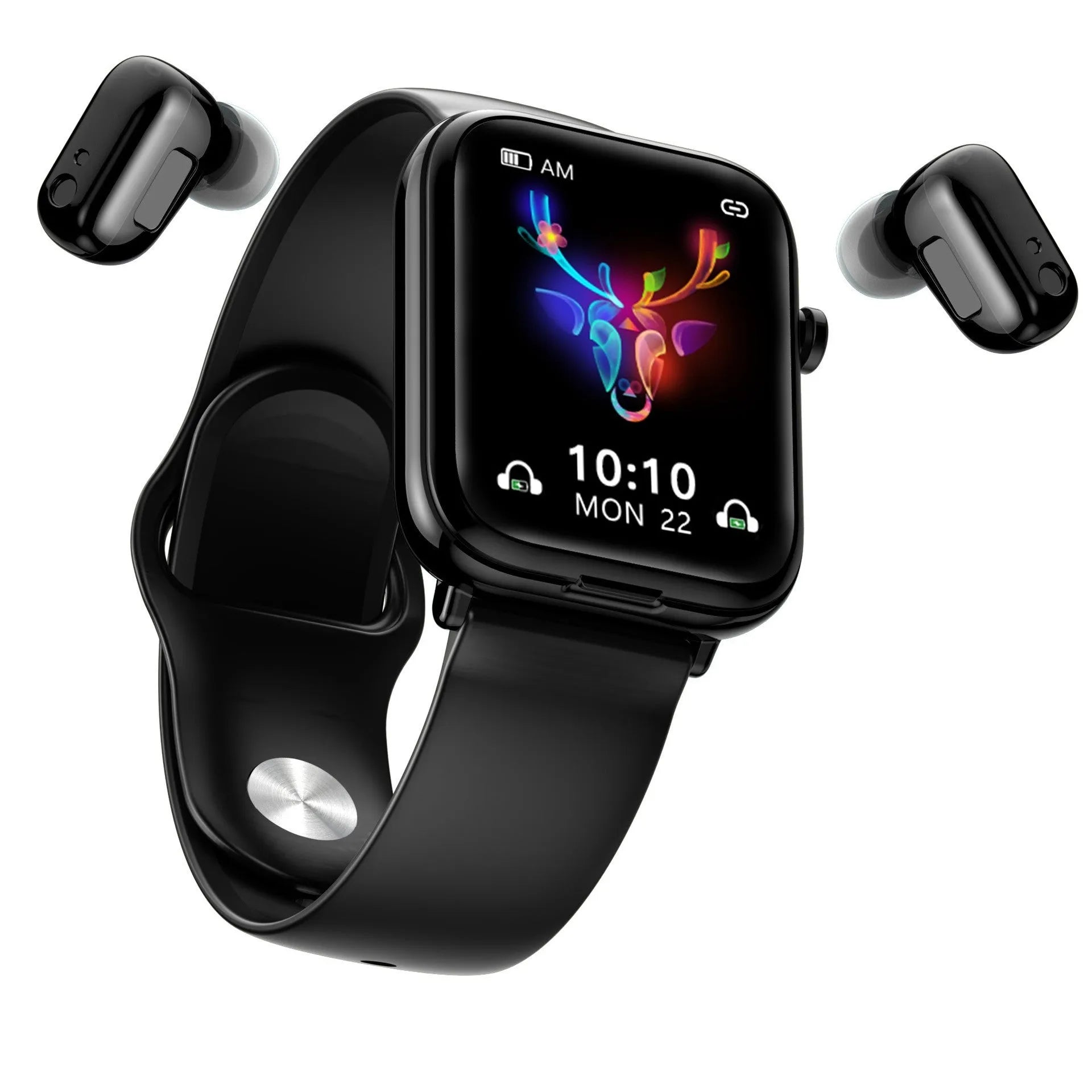 Black smart Bluetooth headset watch with 1.69-inch touch screen showing heart rate and exercise data