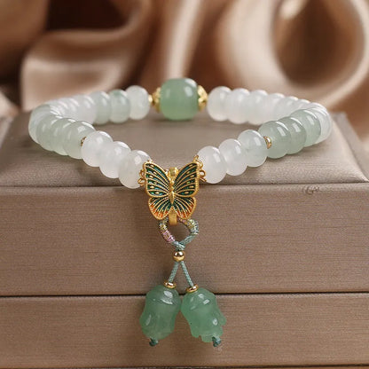 Green Tian Shan Cui jade abacus beads bracelet with retro butterfly tassel and crystal decoration