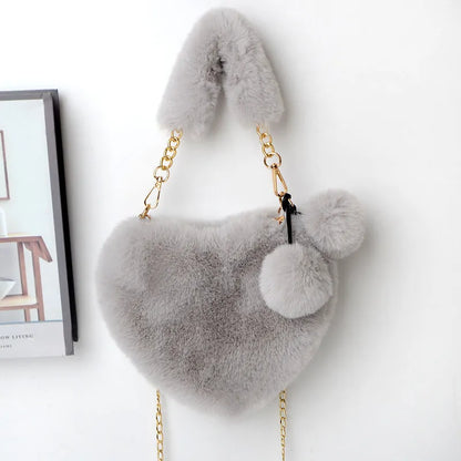Women's soft plush heart-shaped handbag with shoulder strap in multiple solid colours