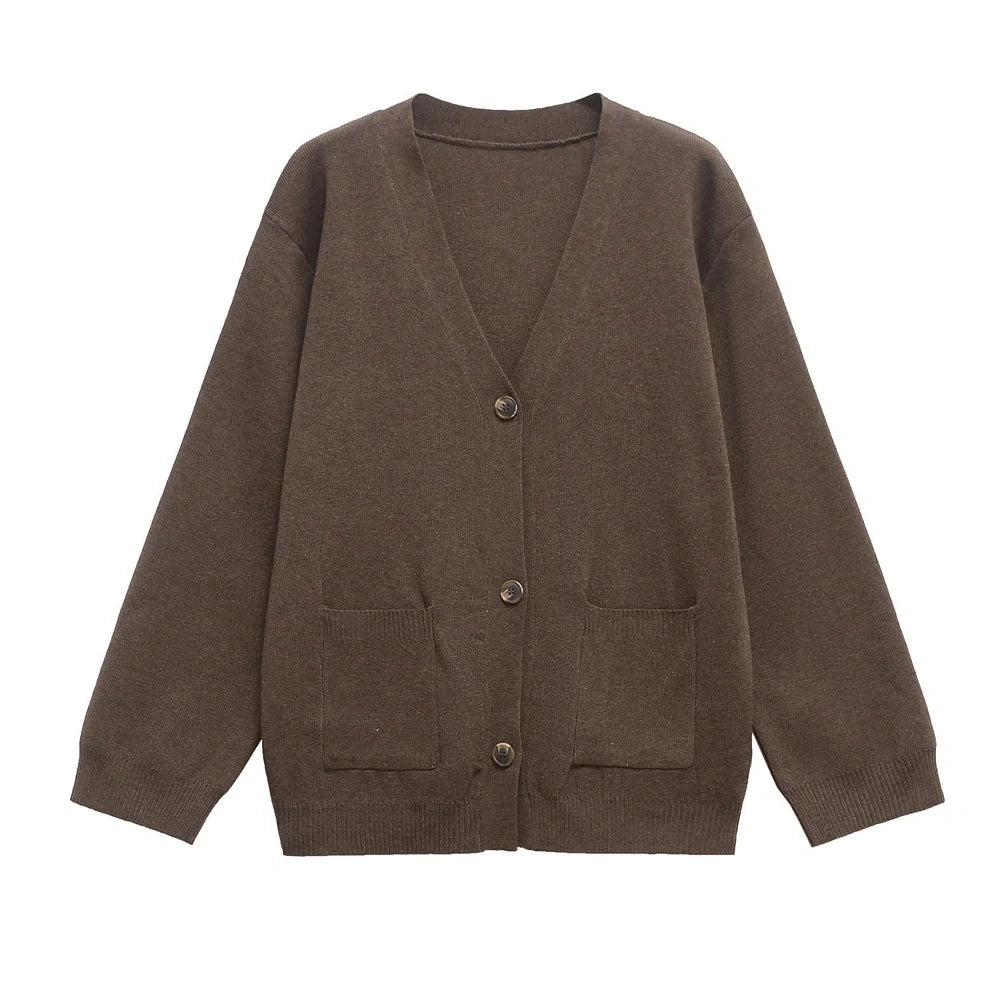 Long sleeve knitted cardigan in dark brown solid colour with conventional sleeve styling