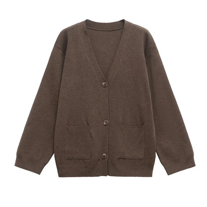 Long sleeve knitted cardigan in dark brown solid colour with conventional sleeve styling