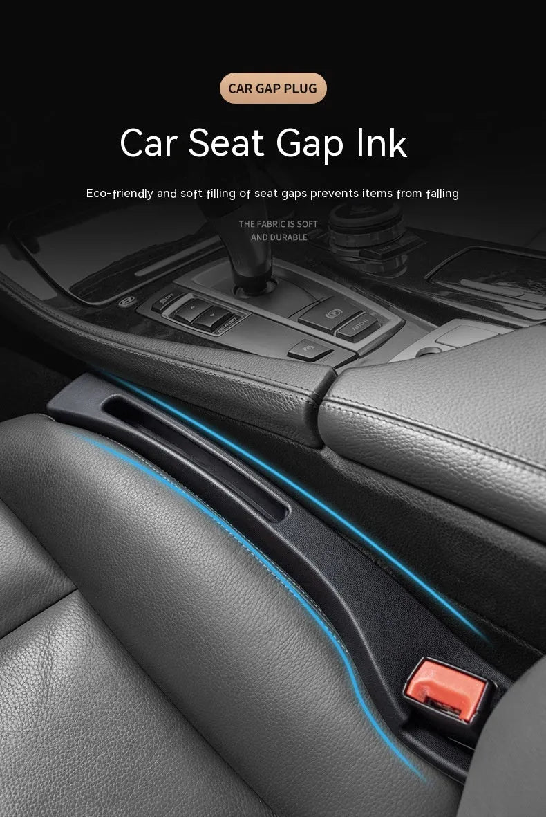 Black car seat gap storage box organiser pocket placed between vehicle seat and centre console