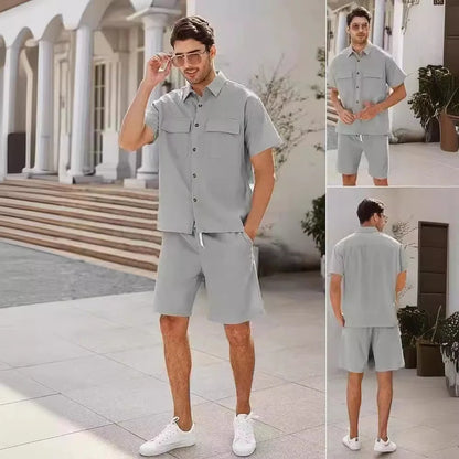 Men's summer suit set with short sleeve lapel shirt and drawstring shorts in various colors