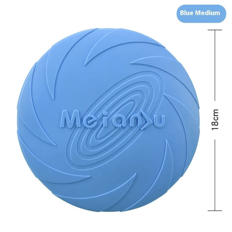 Soft rubber dog frisbee toy in red, blue, and green colours showing small, medium, and large size options