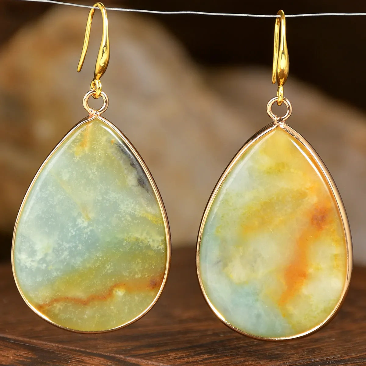 Women's retro natural stone drop earrings showing amethyst and green aventurine colour options on electroplated settings.