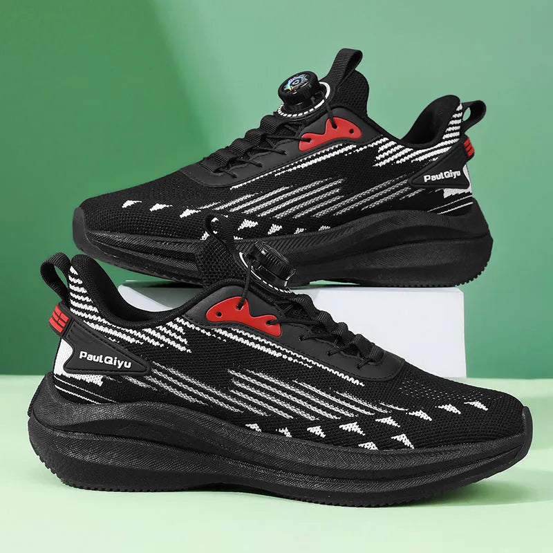 Men's white green and grey rotating buckle Fly-kit mesh casual sports running shoes on a flat sole.