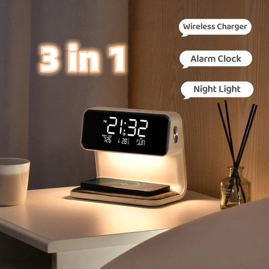 Versatile 3-in-1 bedside lamp with wireless charger, alarm clock, and adjustable LED lighting