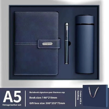 A5 notebook with imitation leather cover in a choice of colours including black, red, green, blue, and orange.