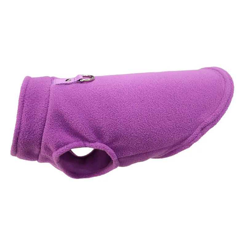 Polar fleece dog waistcoat in solid colour on small dog showing side-open design
