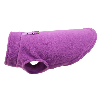 Polar fleece dog waistcoat in solid colour on small dog showing side-open design